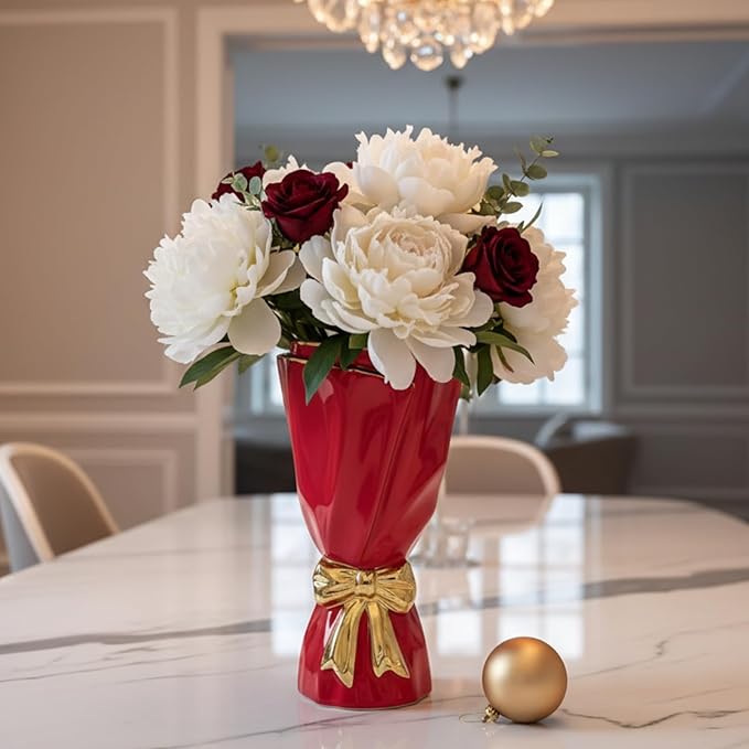 Red and Gold Bow Ceramic Vase - Flower Vases for Home Decor, Bow Decor, Boho Style, 9.65 Inch Flower Vases for Bouquet, Large Vase for Ideal Shelf Decor/Table (Red and Gold, Large)