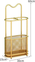 Metal Umbrella Holder Stand,Freestanding Umbrella Holder with Hooks and Drip Tray, Space Saving Umbrella Stand Rack Organizer for Entryway Home Office Patio Decor(30x15x60cm(12x6x24inch), Gold)
