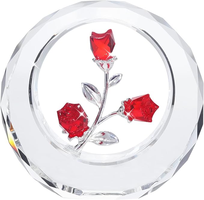 LONGWIN Crystal Tulips Flower Figurines with a Outer Circular Ring, Glass Spring Bouquet Collectible Figurines Home Decor Ornaments Ruby