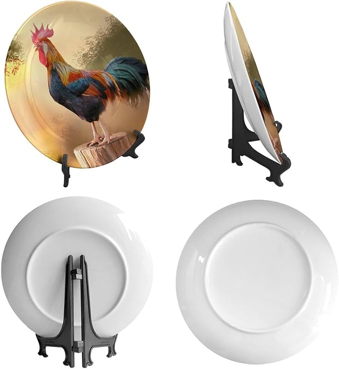 Rooster Decorative Plates, 8 Inch, Crowing Cock Round Display Plate, Handmade Ceramic Ornament, for Wall Hanging Living Room Bathroom Decor Gift