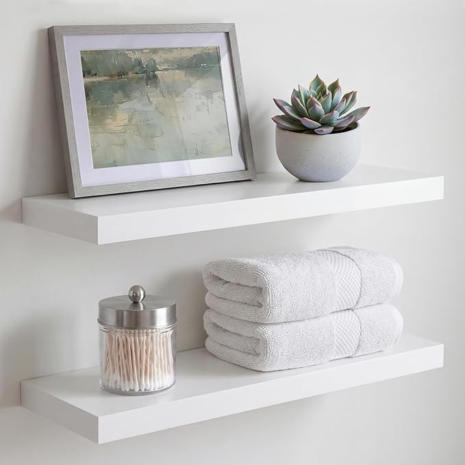Homeforia White Floating Shelf 20 inch, High End Solid Real Wood 20inch Bathroom Floating Shelves for Wall Mounted, White Wooden 20in Floating Shelves, Heavy Duty Bracket, 20 X 6.5 X 1.75 in, Set of 4