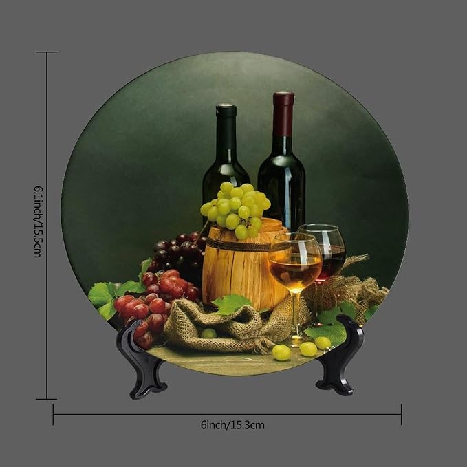 Decorative Plate Holder, 6 Inch, Red Wine Bottle Round Display Plate, Table Top Plate Decor with Stand, for Kitchen Party Coffee Table Decor Art