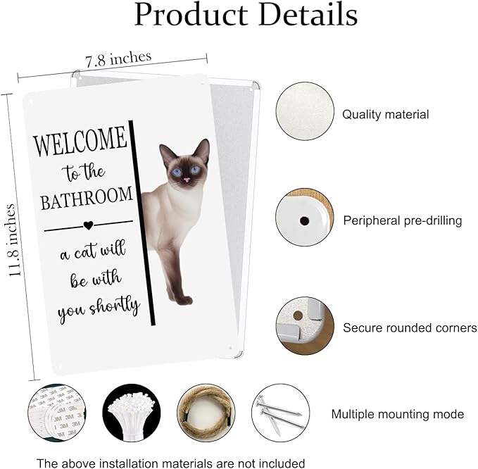 UYIKG Funny Bathroom Wall Decor Metal Signs for Siamese Lover Cat Mom Dad,Welcome To The Bathroom a Cat Will Be With You Shortly Wood Hanging Tin Sign,8x10 inches