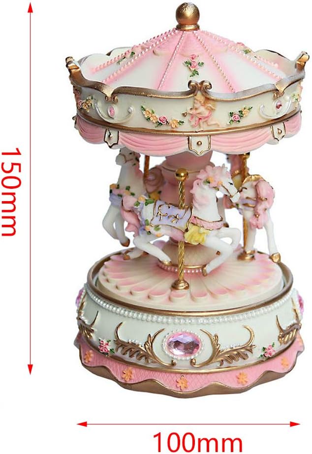 Carousel Music Box with 3 Rotating Horses, Color-Changing LED Lights, Wind-Up Clockwork 18-Note Melody, Small Resin Tabletop Decor, 5.9" Tall x 3.93" Dia (Purple)