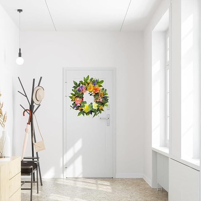 Svndlyn 22 Inch Lighted Spring Summer Wreath for Front Door,Dahlia Pinnata, Roses, Eucalyptus Leaves, Peony, Mixed Flowers,Artificial Wreath for Front Door Spring Outdoor Home Decor Easter Decor