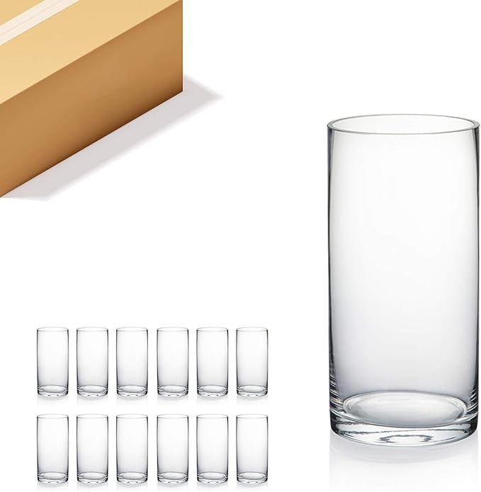 WGVI Quality Thick Weighted Clear Cylinder Glass Vases, 4" W x 8" H, Flower Arrangement Floating Candle Holders Wedding Centerpieces Terrarium Planter Floral Storage Container, Bulk Wholesale, 12 Pcs