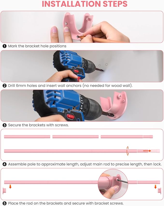 Closet Rods for Hanging Clothes, 17 to 69 Inches Stepless Adjustable Metal Closet Rod, 1.3 Inches Heavy Duty Clothes Hanging Rod for Closet Wardrobes Laundry RV, Pink