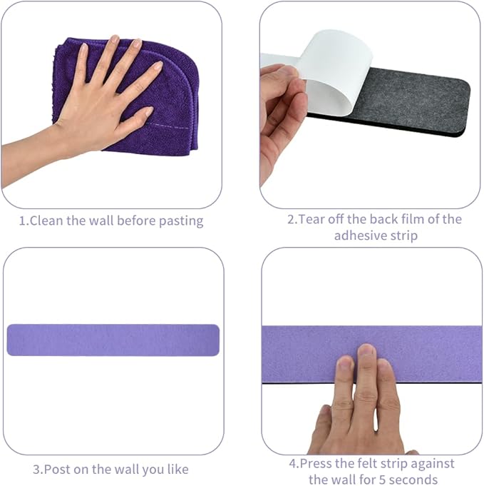 Vuzvuv 8 pcs Bulletin Board Bar Strips with 50 Pushpins & 10 Wooden Clip pins，Self Adhesive Cork Board for Wall，Felt Pin Board for School，Office Decor(Medium Purple)