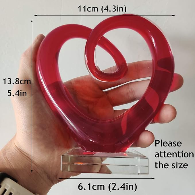 QFkris 5'' Tall Art Glass Red Heart Sculpture Centerpiece Party Home Decoration Glass Art Style Red Abstract Table Decor