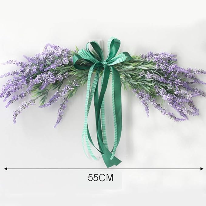 Artificial Lavender Flower Swag,21.6 Inch Simulation Lavender Flowers Swag Garland Wreath with Green Ribbon for Home Front Door/Wedding Table Centerpieces
