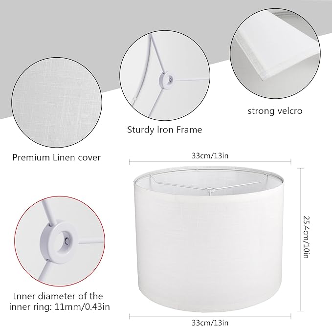 Drum Lamp shades Set of 2, White Line Lamp Shades for Table Lamps Floor Lamp, 13" Top X 13" Bottom X 10" High Large Fabric Lamp Shades, Easy Assembly Replacement Lampshades