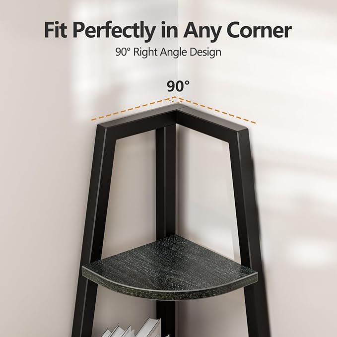 Furnulem 5 Tier Corner Shelf with LED Light, 67.2” Tall Standing Shelf for Wall Corner, Narrow Bookshelf Ladder Shelf for Bedroom, Living Room, Plant, Wood Storage Rack, Metal Frame (Black Oak)