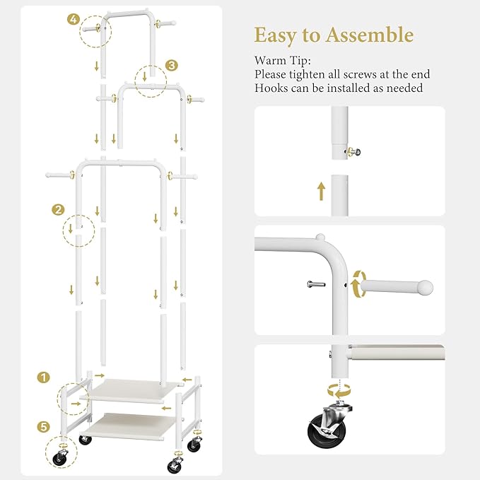 Chrislley Small Clothing Rack With Wheels, 71" Portable Rolling Garment Rack With 2 Shelves and 6 Hooks, 3-Section Different Heights Heavy Duty Metal Clothes Rack For Coats, Shirts, Bags, Shoes, White