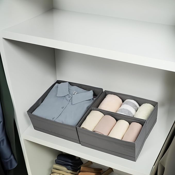 Washable Cloth Drawer Organizer, Set of 4 Foldable Sock Dresser Drawer Organizers Storage Boxes, Fabric Storage Boxes Closet Cabinet Organizer for Clothes (Gray, S+2M+L)