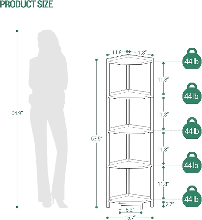 Hzuaneri Corner Shelf Stand, Corner Bookshelf, Storage Standing Shelf Unit with Metal Frame, Plant Stand, Bookcase for Living Room, Home Office, Bedroom, 5-Tier Greige CS05905B
