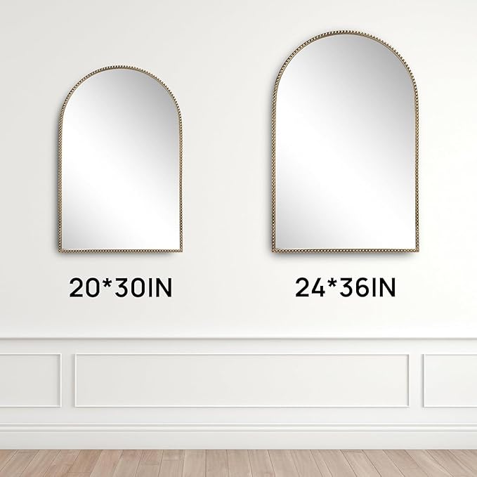 Antique Gold Arched Wall Mirror 20"x30", Ornate Beaded Metal Frame Bathroom Mirror, Vintage Decorative Wall Mirror for Bedroom, Living Room, Entryway, or Vanity Décor