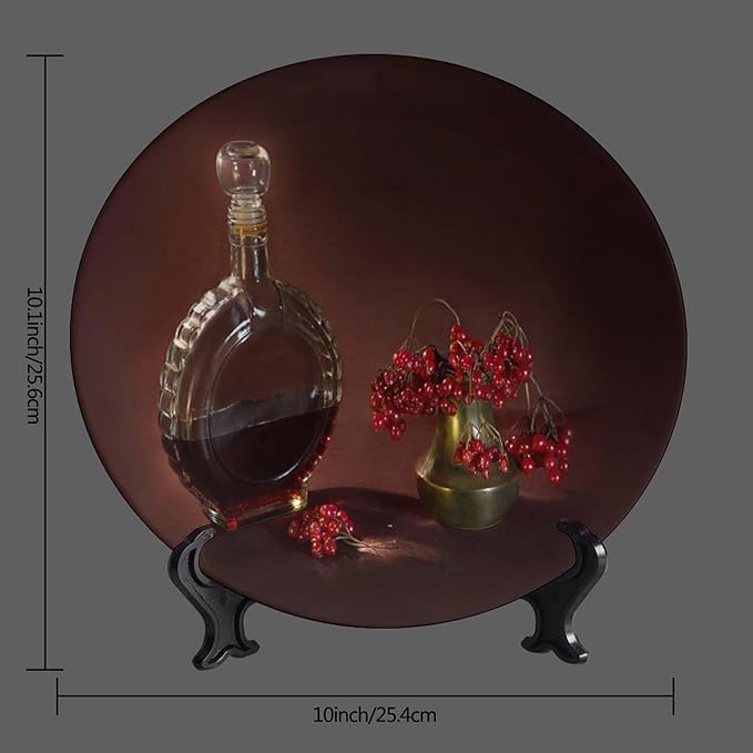 WineDecorative Plate Holder, 10 Inch, Red Wine Bottles and Fruits Round Display Plate, Home Wobble-Plate with Display Stand, for Kitchen Living Room Office Countertop Decor