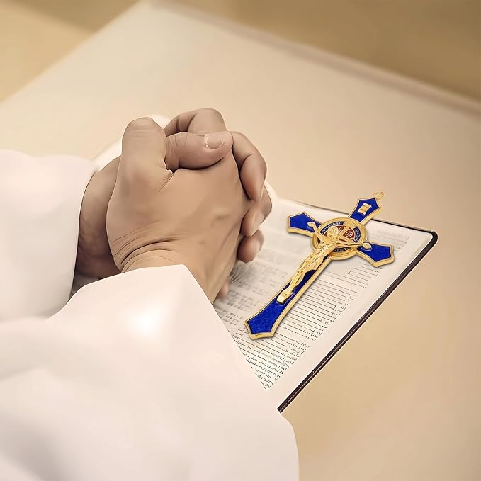 St Benedict Crucifix Blue,Crucifix Wall Cross for Catholic Decor,Medalla De San Benito,Jesus Christ Hanging Cross Wall Decor,Crucifijo Del Perdon,Saint Benedict Medal Prayer for Home Decoration