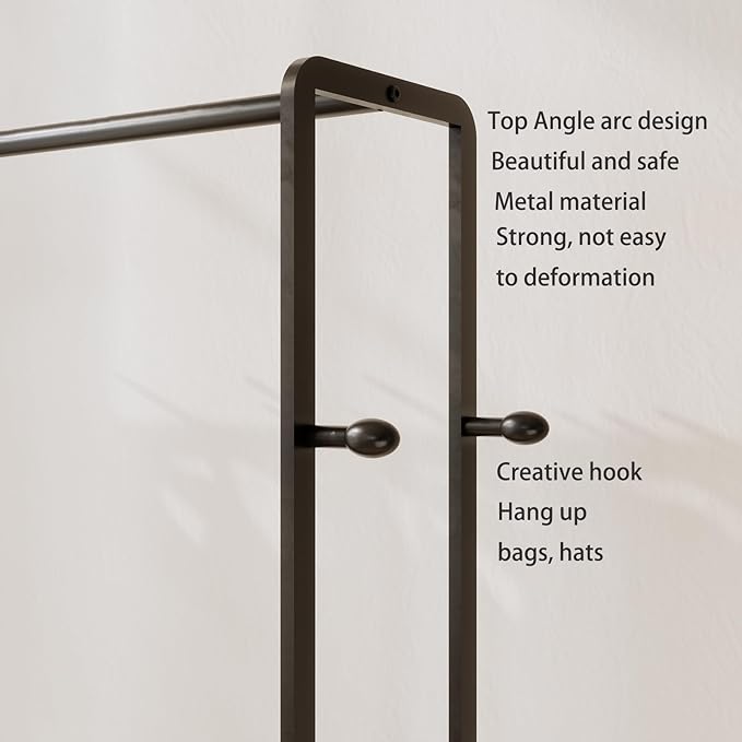 Black Rolling Garment Rack with Shelves and Hooks,Freestanding Metal Clothing Rack with Wheels,Large Clothes Hanging Rack for Bedroom,Closet, Entryway,Wardrobe,Boutique Display