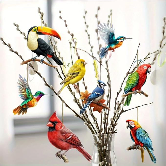 Color Bird Acrylic Hanging Ornament - 8Pcs Spring Colorful Cardinal Christmas Tree Ornaments, Flying Bird Ornament Ceiling Xmas Decoration Tote Car Interior Charms Gift for Men Women