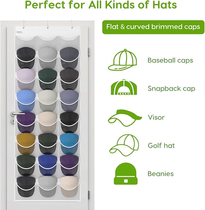 Unjumbly Baseball Hat Rack, 24 Pocket Over-The-Door Hat Organizer with Clear Deep Pockets to Display Baseball Caps Collection, Complete with 3 Over Door Hooks (White, 24 Pockets)