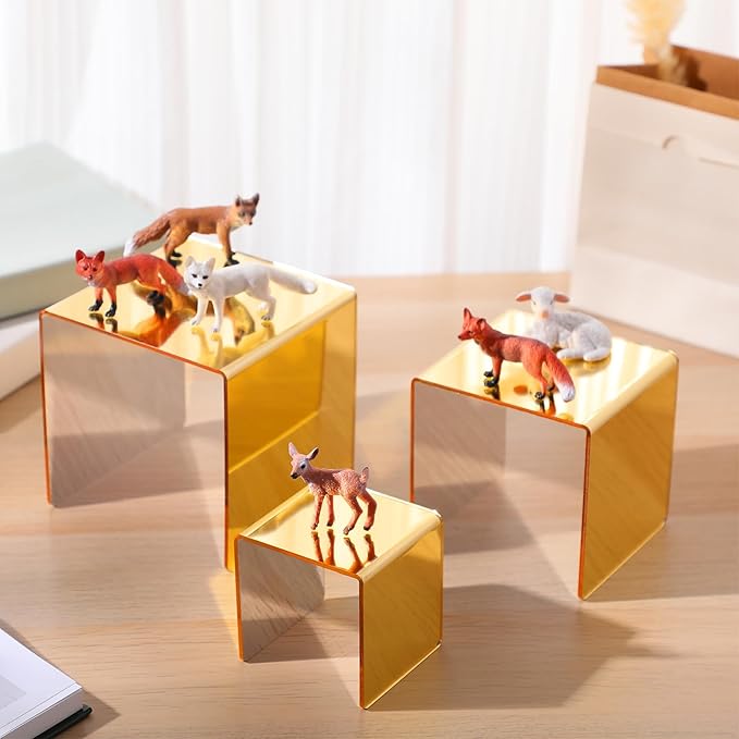 Chuangdi 2 Sets Acrylic Display Risers, Product Stand, Jewelry Display Riser Shelf Showcase Fixtures for Dessert Cupcake Candy Figure Treat Action Showcase (Gold,Medium Set)