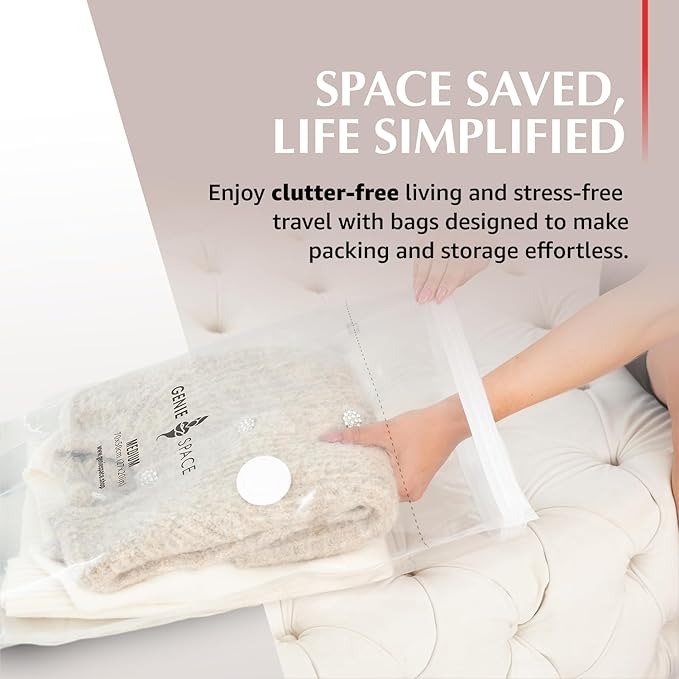 GENIE SPACE Premium Vacuum Storage Bags for Clothes, Bedding and Travel, Medium Size 27x20 Inches, Airtight, Odor-Proof and Reusable Space Saver Bags with Double Zipper Seal, 6-Pack with Hand Pump