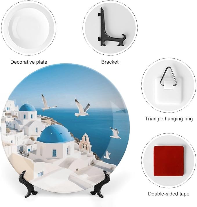 Santorini Greek Island Ceramic Display Plate Decorative Round Hanging Bone China Plate with Display Stand for Kitchen Dining Room Wine Cabinet Home Décor Art Decoration 6inch