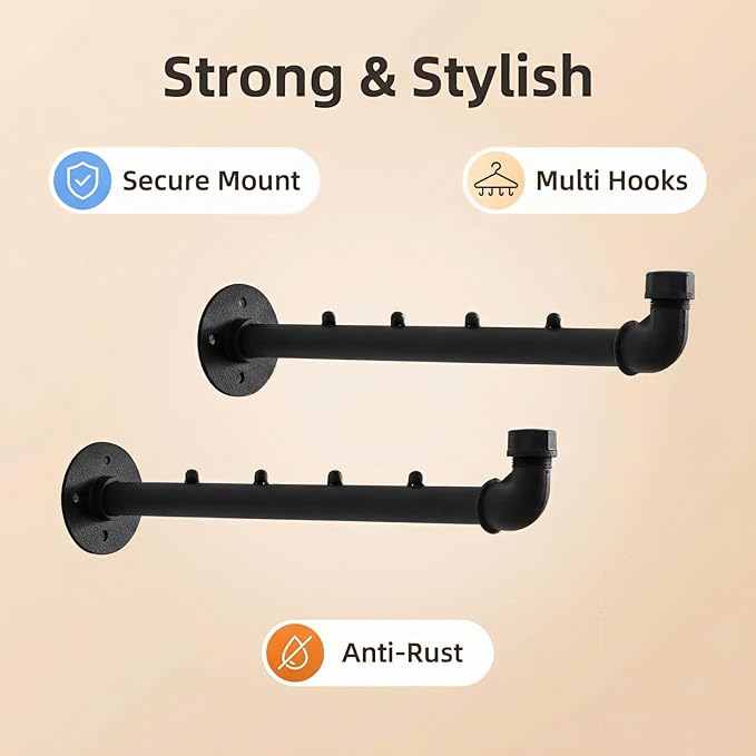 Industrial Wall Pipe Clothes Bar - Heavy Duty Metal Coat Hanger with Hook, Wall-Mounted Garment Holder Racks,Wall Clothing Racks/Hanging Rail, 2Pcs