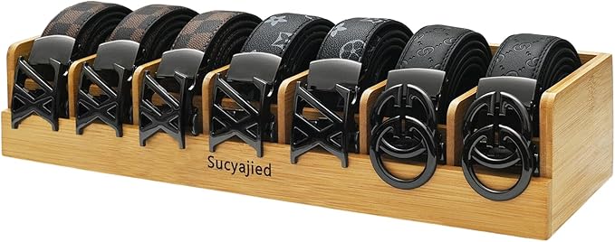 Belt Organizer, 7 Compartments Belt Organizer for Closet and Drawer, Belt Holder Case for Tie and Belt, Bamboo Storage Box for Men and Women (Wooden, 7)