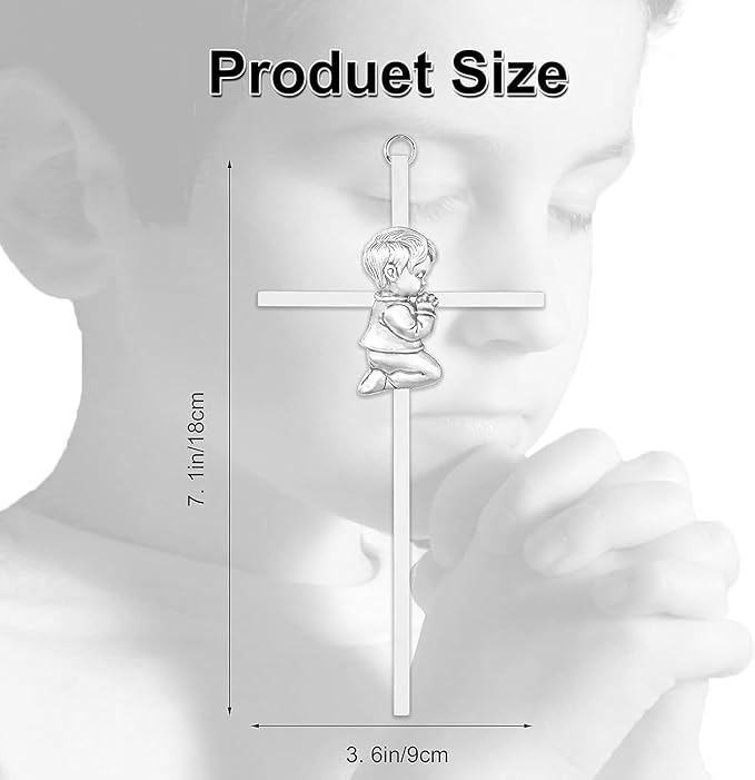 Baby Wall Cross Baptism Gifts for Boys, 7-inch Silver Praying Catholic Boy Baptism Crosses for Christening, First Holy Communion & Baby Dedication Gifts, Baptismal Cross Newborn Nursery Decor