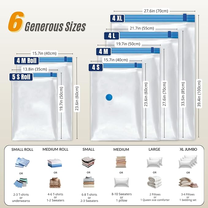 25 Pack Vacuum Storage Bags with Pump, Compression Space Saver for Comforter, Bedding, Blanket Storage, Vacuum Seal Bags for Clothing, Luggage and Closet Organizer