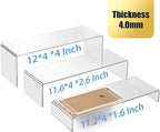ANDGOO 12 Pack Large Acrylic Risers, 4 Set(11.2”L~11.6”L~12”L) Clear Rectangular Stands for Display, Tiered Acrylic Shelves for Decor, Collectibles, Dessert Table, Retail Display Shelf Showcases