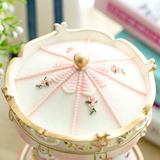 Carousel Music Box with 3 Rotating Horses, Color-Changing LED Lights, Wind-Up Clockwork 18-Note Melody, Small Resin Tabletop Decor, 5.9" Tall x 3.93" Dia (Pink)