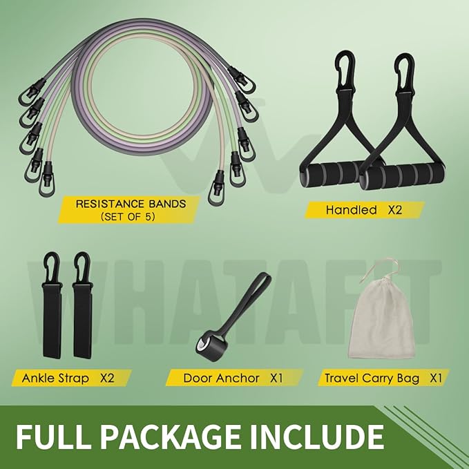 WHATAFIT Resistance Bands Set with Handles - Exercise Bands Home Gym Strength Training Equipment, Includes Door Anchor & Ankle Straps for Full Body Workout Bands, Physical Therapy - for Men and Women