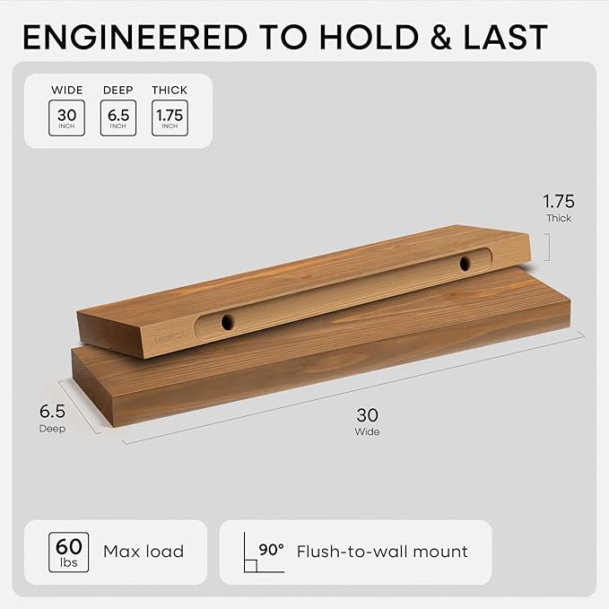 Homeforia 30 inch Golden Oak Floating Shelf, High End Solid Real Wood 30inch Small Floating Shelves for Wall Mounted, Oak Wooden 30in Floating Shelves, Heavy Duty Bracket, 30 X 6.5 X 1.75 in, Set of 4
