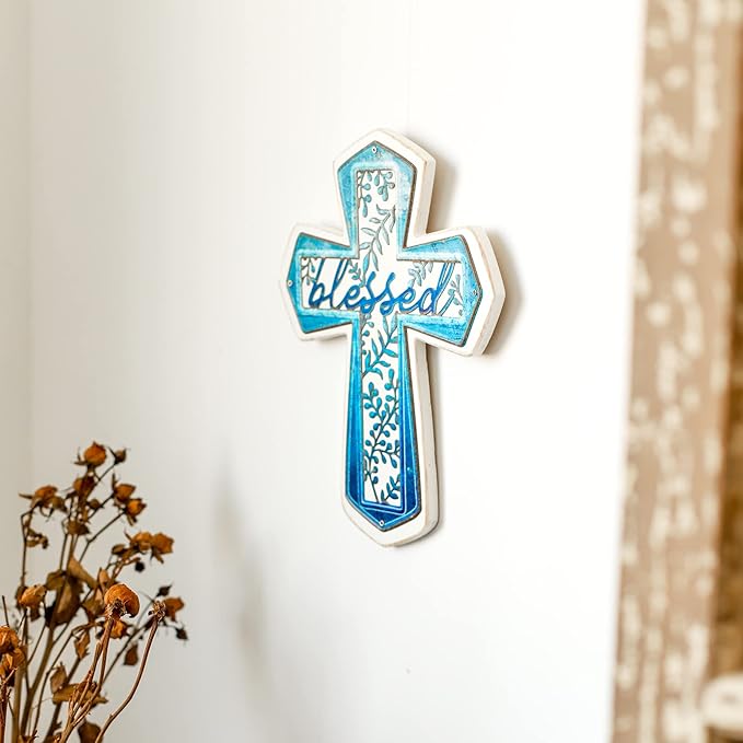 OKSQW 11" Wall Cross Handmade White Wood & Blue Iron Christians Spiritual Religious Cross with Hook Christmas Wall Hanging Cross with Blessed Design Crucifix Gift for Church Home Room Decor