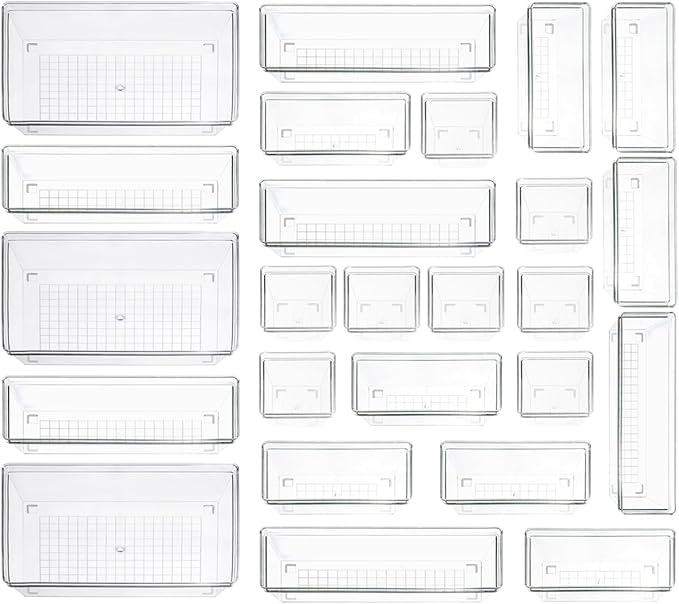 Clear Plastic Drawer Organizer Storage - 25Pcs 4 Size Desk Bathroom Kitchen Organizers and Accessories Office Organization, Vanity Stackable Drawers Bins Trays Containers Dividers Makeup Sets