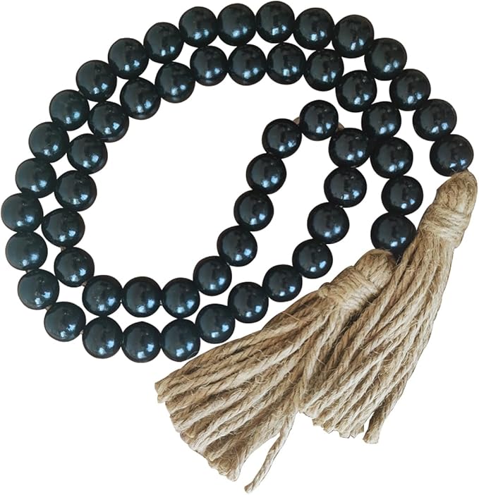 Boho Decor Wood Beads Garland Farmhouse Wall Hanging Decorations Natural Wooden Bead Tassel Decorative for Coffee Table Christmas and Prayer (Black, 39")