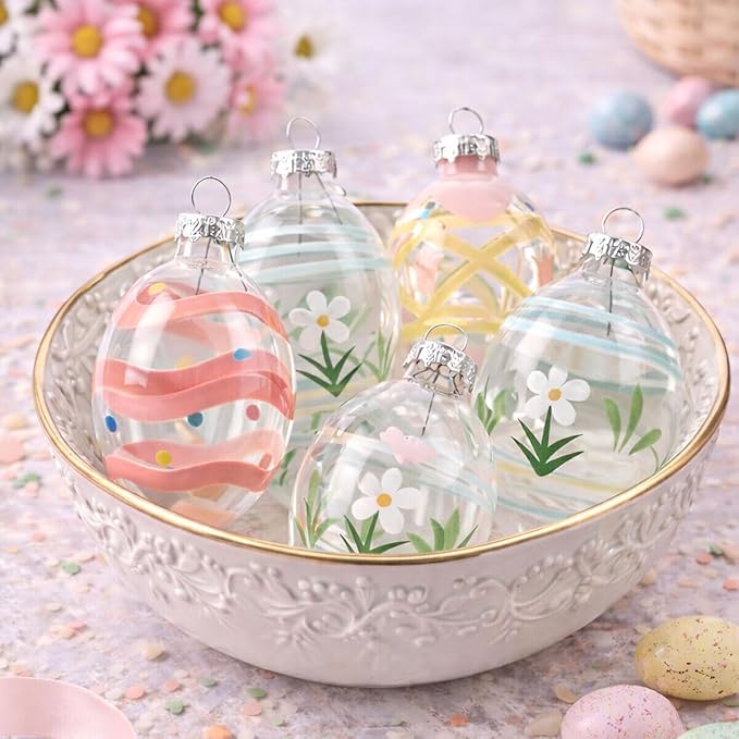 Lillian Vernon Hand Painted Blown Glass Easter Ornaments - Handcrafted Hanging Tree Decorations, Easter Egg Holiday & Party Decor, 2 in, Assorted, 12-Piece Set