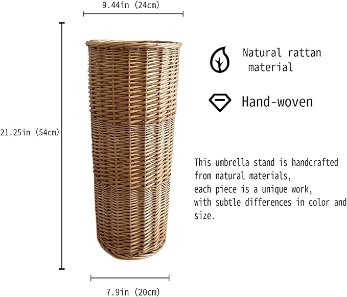 Natural Rattan Umbrella Stand for Entryway, 21.2H x 9.4L x 9.4W, Detachable Drip Tray & 2 Metal Hooks – Storage for Umbrellas, Canes & Walking Sticks, Stylish Home Decor