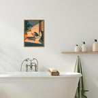 Funny Frog Bathroom Wall Art, Cute Japanese Frog in Toilet Wall Decor, Whimsical Green Animal Restroom Poster Canvas Painting Prints Artwork 12x16 inch Framed