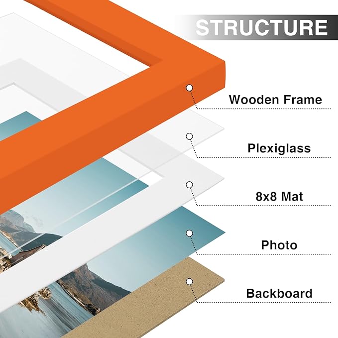 Vittanly 12x12 Picture Frames Set of 9, Shatter Resistant Plexiglass, Display 8x8 Pictures with Mat or 12x12 without Mat, Photo Frames for Wall Mount, Engineered Wood, Orange