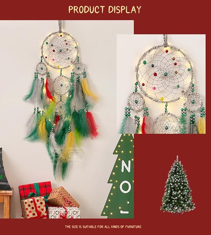 Christmas Rings Dream Catcher with Lights Handmade Christmas Dreamcatcher Hanging Decoration Home Wall Decoration Craft Ornament