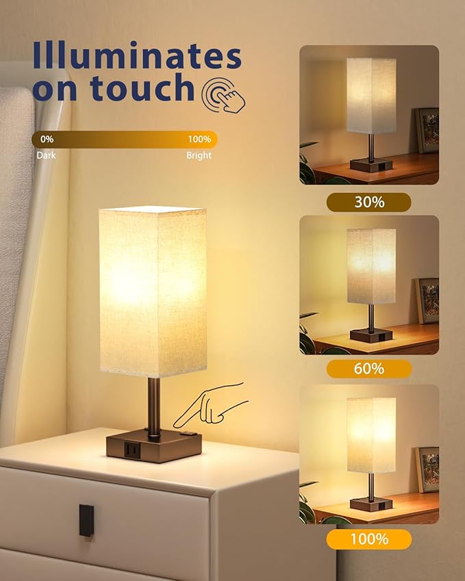 aooshine Brown Touch Table Lamp - Bedside Lamp with USB A + Type C Charging Ports and Two AC Outlets, Small Night Stand with E26 LED Bulb, Desk Light for Bedroom Living Room Office Dorm