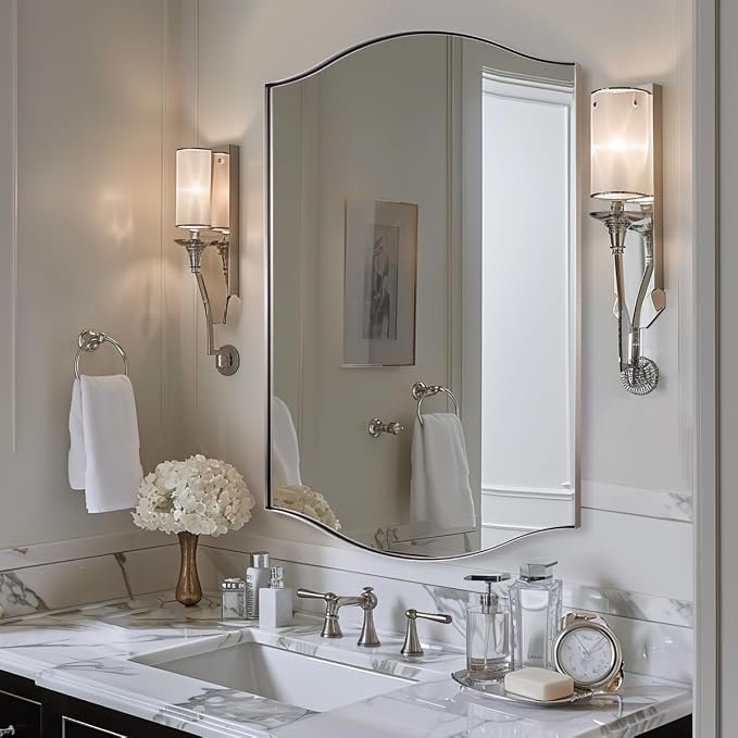 ANDY STAR Brushed Nickel Mirror, 24"x36" Silver Scalloped Wall Mirror for Bathroom, Curved Edge Design with SUS304 Stainless Steel Metal Frame, Ideal for Bathroom, Bedroom, Entryway