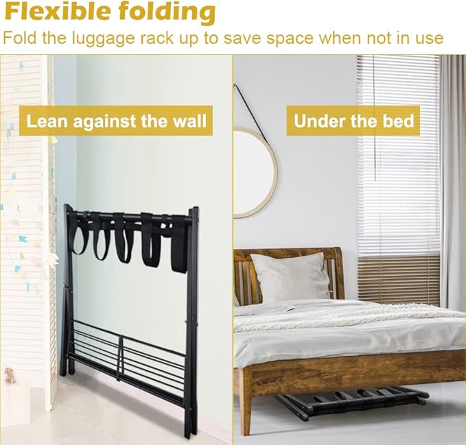 mocomax 2 Pack Folding Luggage Rack for Guest Room, Foldable Suitcase Stand Holder with Metal Storage Shelf for Bedroom, Living Room, Hotel Essentials, Heavy Duty Steel Frame, Black