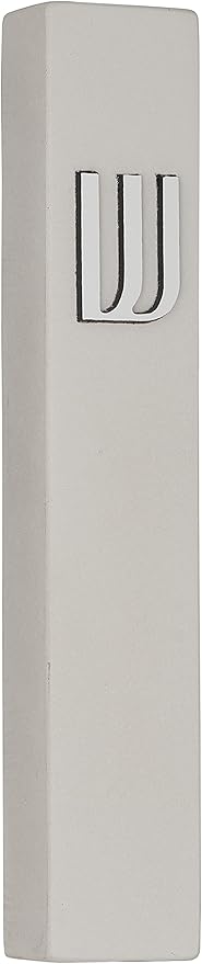 A&S Mezuzot Modern Concrete Mezuzah Case with Scroll, Easy Peel and Stick Mezuza (Grey+ Silver Shin, 6 Inches)