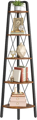HOOBRO Corner Shelf, 5-Tier Corner Shelf Stand, 66.9” Tall Ladder Bookshelf, Industrial Corner Display Shelf Plant Stand for Living Room, Kitchen, Home Office, Rustic Brown BF145CJ01