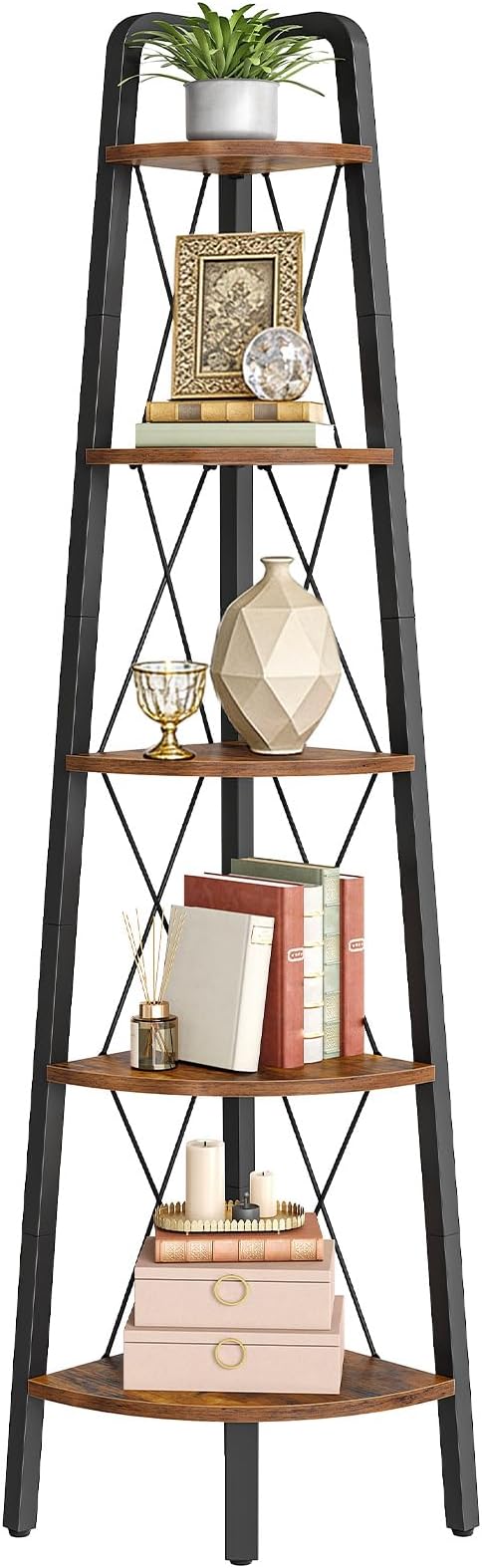 HOOBRO Corner Shelf, 5-Tier Corner Shelf Stand, 66.9” Tall Ladder Bookshelf, Industrial Corner Display Shelf Plant Stand for Living Room, Kitchen, Home Office, Rustic Brown BF145CJ01